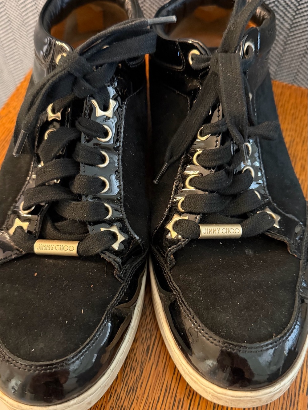 Jimmy Choo Black Suede & Patent Low-Top Lace-Up Sneakers